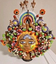 Vintage Mexican Pottery Tree of Life Sun Flowers Candleabra Hand Painted Wow picture