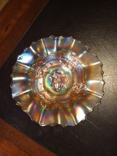 VTG DUGAN CARNIVAL GLASS APPLE BLOSSOM BOWL 7” IRIDESCENCE MARIGOLD VINTAGE picture