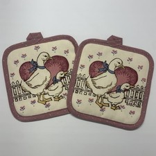 Vintage Mauve Pink Geese Pot Holder Set Goose w/ Blue Bow Cottagecore Grannycore picture