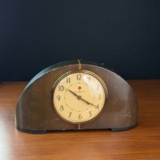 Vintage 1930s wooden mantle clock General Electric wood round Art Deco analog picture