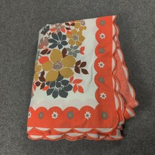 Vtg 60s Orange Floral Cotton Tablecloth 49x90 Rectangular Retro Scallop Colorful picture
