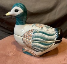 Vintage Hand Painted Porcelain Duck Trinket Dish Lidded Box Chinoiserie picture