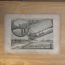 Antique 1888 Kaiser Wilhelm II Kiel Naval Harbor Wood Engraving Print Naval picture