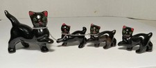 Vintage Black Kitty Cat Figurine With 3 Kittens On Chain Leash Green Eyes Japan picture