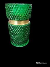 Vintage Green Glass Vase, Flashed Sawtooth Cut with Brass Band 8 by 4.5 inches picture