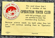 Vintage Operation Tooth Club Card Pin St Louis Baby Tooth Survey Atomic Cold War picture