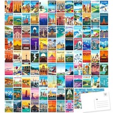 100 Vintage Travel Postcard Set, 4x6 World City Illustrations, Mailing Cards picture