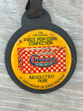 Antique Checkers Cracker Jack Shotwell Advertising Watch Fob Leather Tin Metal picture