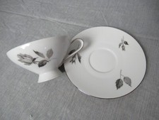 Cathedral Bavaria West Germany Footed Tea Cup w/Saucer Grey Roses On White e5 sb picture