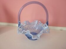 Fenton Provincial Blue Opalescent Open Weave Lace Glass Basket & White Trim 7” T picture