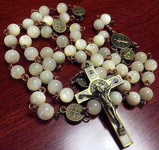 * Vintage Mother of Pearl Beads ROSARY Ancient bronze st.benedict Cross necklace picture