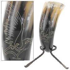 Soaring Eagle Medieval Drinking Bovine Horn with Iron Stand - Viking Dining Hall picture