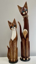 Large Bohemian Vintage Carved Wood Sitting Cat Statue Pair Indonesian Folk Art picture