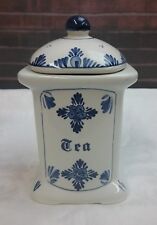 Tea Canister Caddy Ceramic Handpainted Blue & White Floral Design w/Cover SIGNED picture