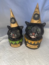 2004 Nicol Sayre Halloween Black Cat Tricks & Treats Boxes Pair Midwest Folk Art picture