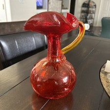 Vintage Amberina Crackle Glass Hand Blown Pitcher Red To Yellow 9 X 5.5 Inches picture