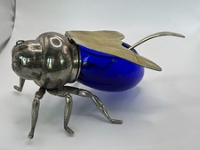 VTG SILVERPLATE & COBALT BLUE GLASS FIGURAL BEE SHAPED HONEY POT Sterling Spoon picture