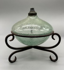 Vtg Hand Blown Green Seeded Bubble Glass Oil Lamp Wrought Iron Scroll Stand 5