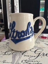 Vintage Strohs Beer Mug Ceramic Coffee Cup 1980s Raised Script Blue Cream Sign picture