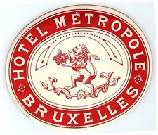 c1920s-30s Hotel Metropole Luggage Label Sticker Bruxelles Lion & Crown Belgium picture
