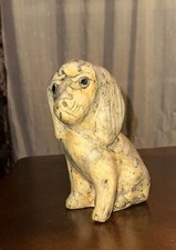 Vintage Hand Carved Stone Dog Figurine Beige Black Eyes Puppy picture