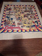 Vintage 1950s Art Souvenir Tablecloth California Handprint MCM Primary Colors A+ picture