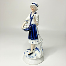 Vintage Girl Woman Figurine Ceramic Porcelain Rose Basket Blue White 8.5 in picture