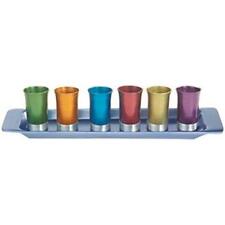Yair Emanual Set of 6 Small Kiddush Goblets Cups with Tray Aluminum Multicolor  picture