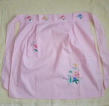 Vintage 1950s Pink Floral Hostess Apron Embroidered Cotton Midcentury NOS picture