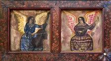 LARGE MEXICAN FOLK ART RELIGIOUS ICON RETABLO ANGELS picture