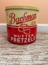 Vintage Bachman Butter Pretzels Tin – “Since 1884” Oven Fresh Advertising Tin picture