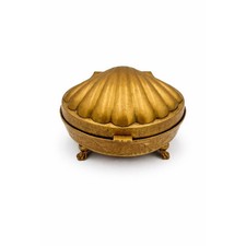 Vintage Solid Brass Scallop Shell Jewelry Box Engraved Floral Velvet Lined 6 lb picture