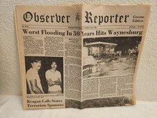 The Observer Reporter Washington/Waynesburg Pa News Paper July 9th 1985 Flooding picture