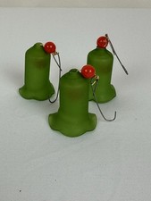 Vintage Frosted Green Glass Bell Christmas Ornaments Red Bead Hangers Set 3 picture