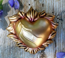 Anatomical Gold Sacred Heart Clay Ornament Handmade Mexican Folk Art Small Size picture