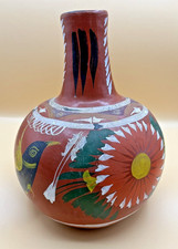 Vintage Mexican Pottery Vase Hand Painted Redware Folk Art Bird Floral 11in Tall picture