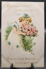 TUCK'S Birthday Pretty Girl With Pink Roses Embossed Postcard 1900s Germany  picture