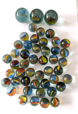 VINTAGE GLASS CATS-EYE MARBLES - 3 LARGE SHOOTERS - 45 REGULAR SIZED MARBLES picture