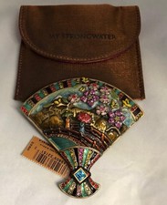 JAY STRONGWATER VINTAGE CHINOISERIE FAN SHAPED PURSE MIRROR W POUCH, RARE, NIB picture
