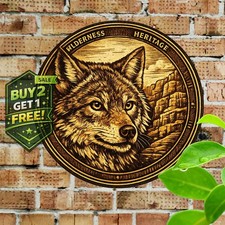 Rustic Wolf Golden Tone 8x8 Round Metal Wall Art Home Decor Tin Sign picture