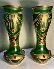 Pair Antique Bohemian Jugendstil Art Nouveau Satin Glass Jeweled Gilt Vases 13
