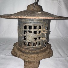 Vtg. Japanese Lantern Cast Iron Pagoda Candle Bird Bamboo Handle Hanging Deco picture