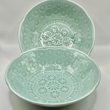 Set of 4 Vintage Japan Small Bowls Flower Geometry Kitchen Light Green Stackable picture