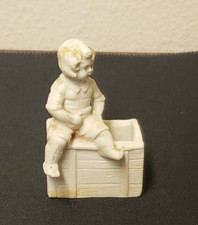 Antique FIGURAL Bisque MATCH HOLDER Boy on Crate picture