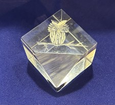 Vintage Russ Berrie Clear Acrylic Lucite 3D Reversed Etched Owl Cube Paperweight picture