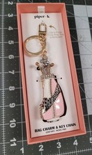 New Piper K Golf Bag Clubs Key Ring Chain Charm Gold Tone Glass Stones Crystals picture