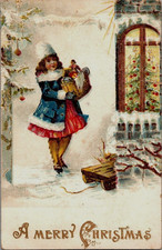 Vintage Victorian Postcard 1910 A Merry Christmas - Little Girl with Gifts picture