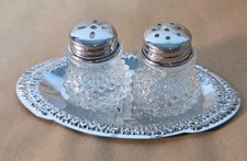 Vtg Mini Glass Salt and Pepper Shakers with Metal Lids Dimond Cut Metal Tray NEW picture