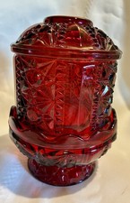 VINTAGE INDIANA GLASS RUBY RED FAIRY LAMP STARS & BARS VOTIVE TEA LITE HOLIDAYS picture