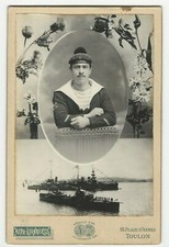 PORTRAIT OF A FRENCH SAILOR AND HIS BATTLESHIP (THE DESTROYER COGNEE) c1909 picture